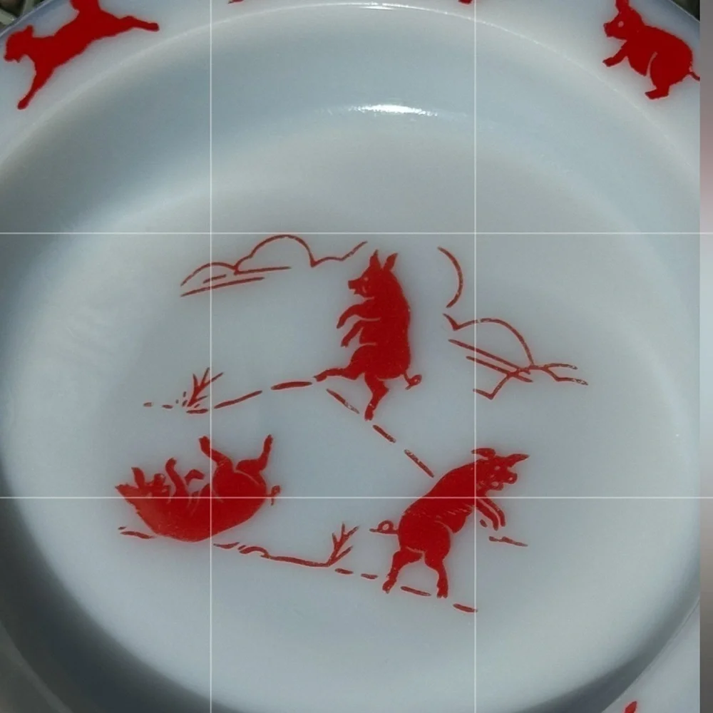 Vintage~Hazel Atlas~3 Little Pigs~Childs Soup Bowl~W/Red Nursery Animals~G13**